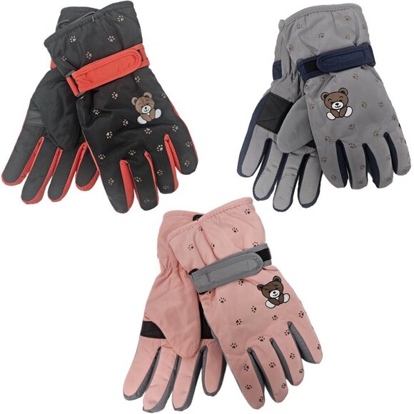 Girls Winter Ski Gloves w/ Bear Print Lined Hook & Loop Waterproof, 3 Pair - Picture 1 of 2